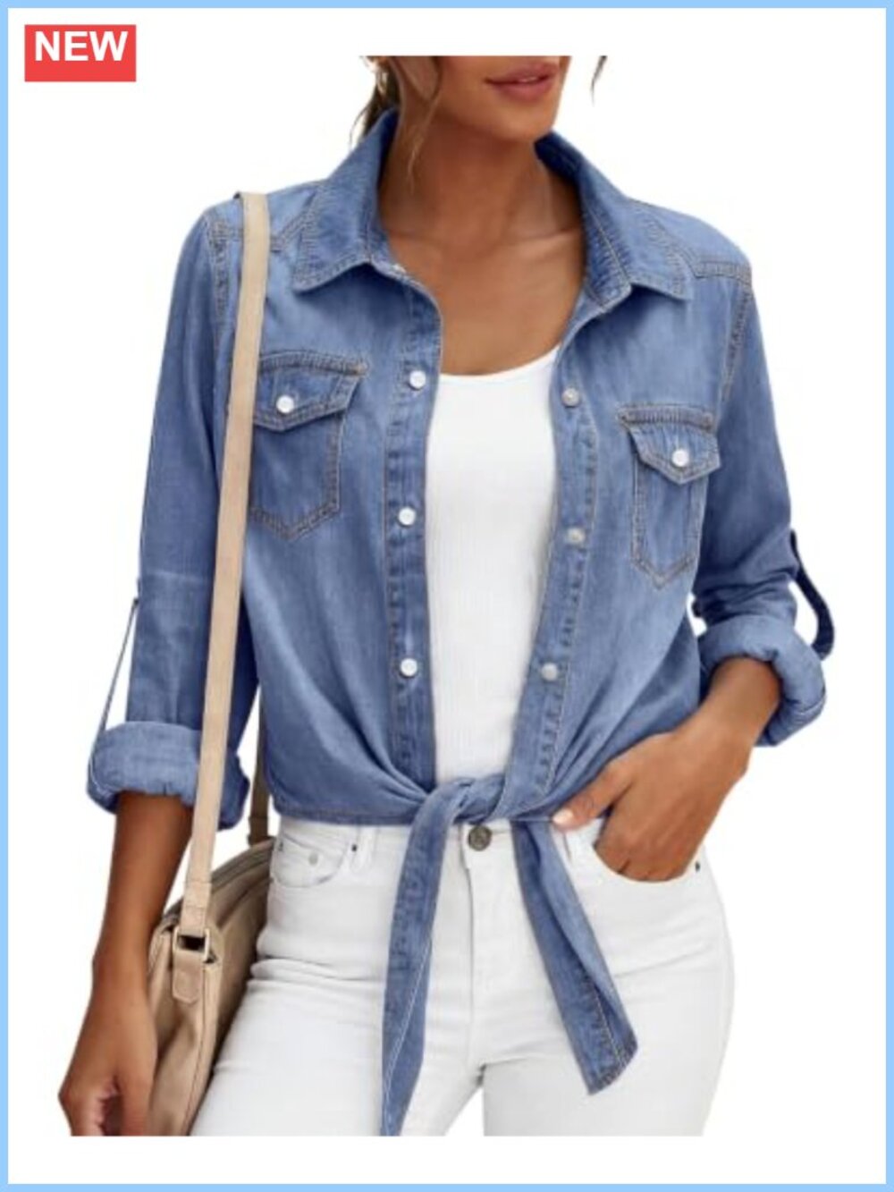 PRETTYGARDEN Womens Denim Button Down Shirt Tie Knot Front Long Sleeve Crop
